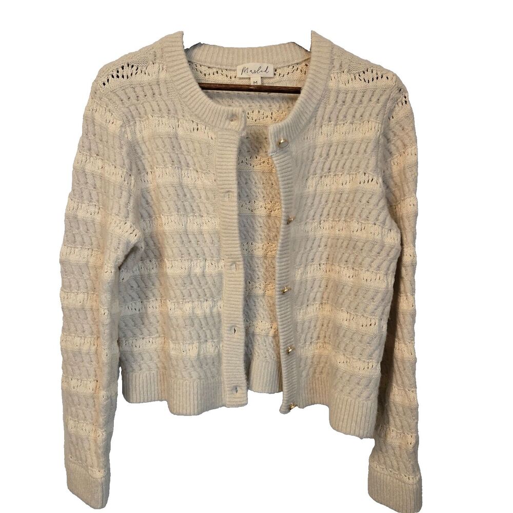 Women's Textured Knit Ivory Cardigan Med Button Front Crochet Granny Cottagecore
